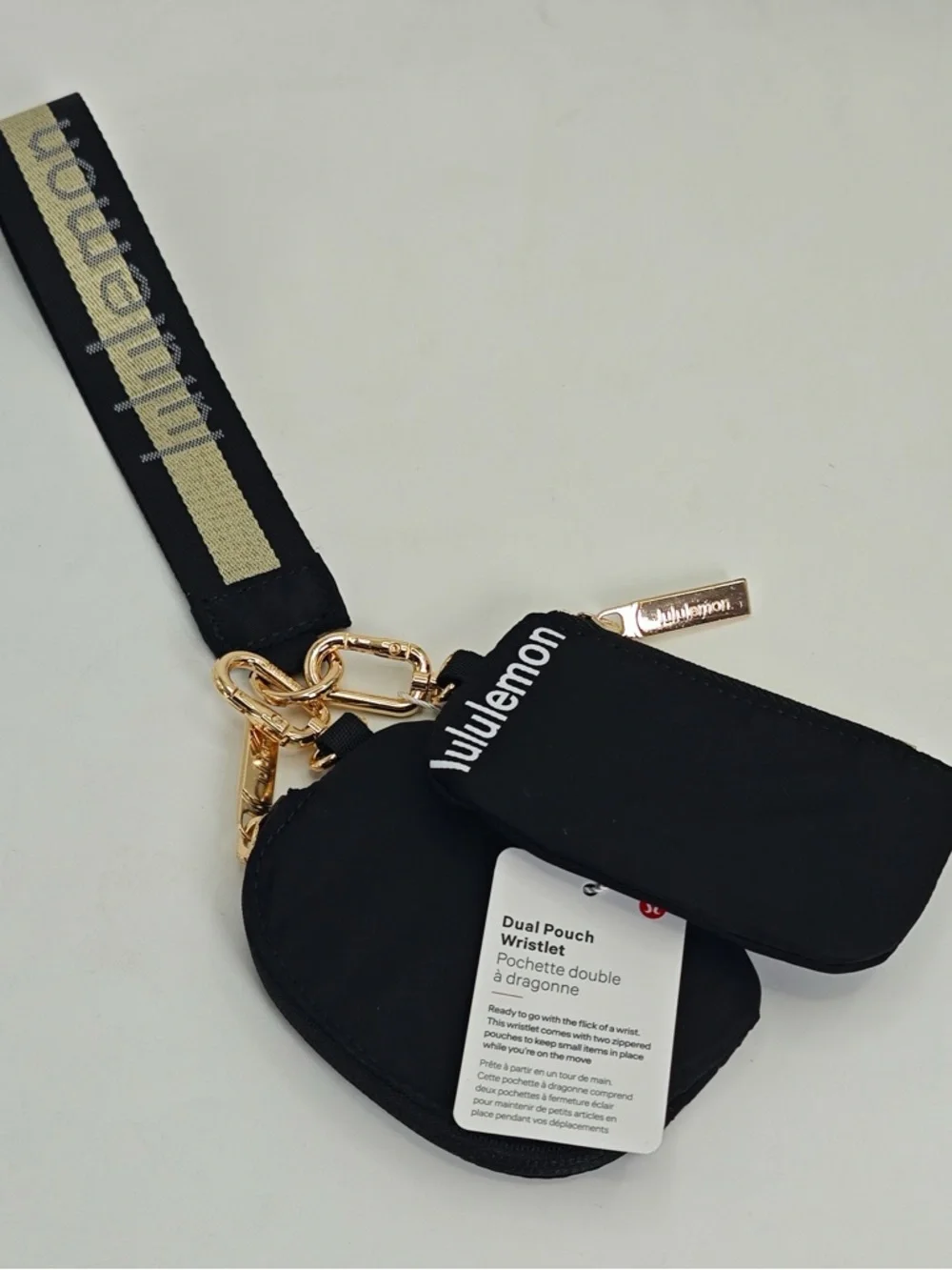lululemon athletica Black Dual Pouch Key Ring with Gold Hardware
